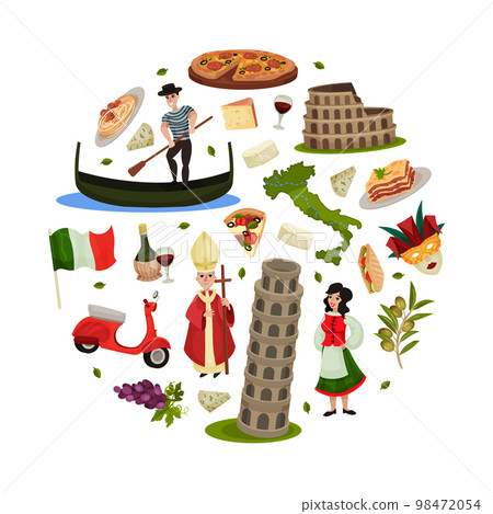 Travel to Italy Round Composition Design with Traditional Symbols Vector Template 98472054