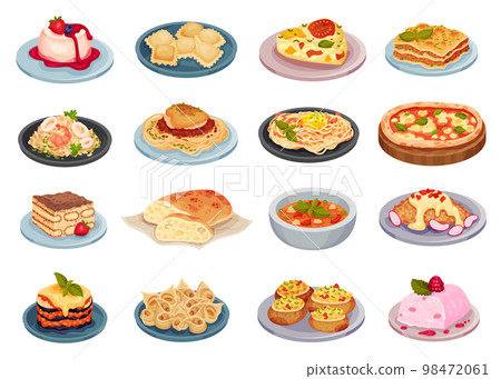 Italian Food and Dishes Served on Plate Big Vector Set Italian Food and Dishes Served on Plate Big Vector Set 98472061