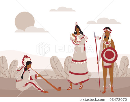 Native American Indian Tribe Man and Woman Member In Traditional Clothing with Feathers Vector Illustration 98472070
