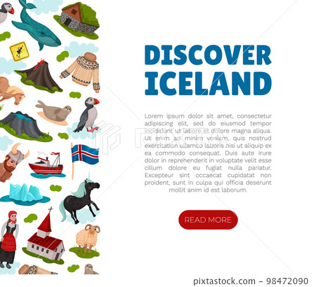 Iceland Travel Banner Design with Country Symbols Vector Template 98472090