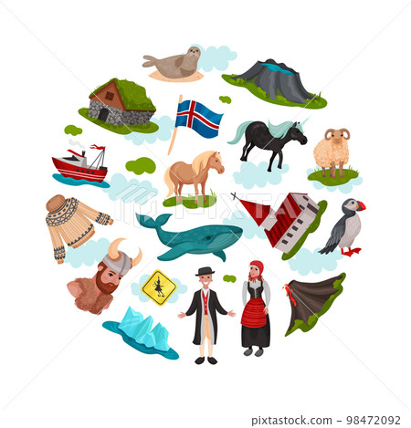 Iceland Travel Round Composition with Country Symbols Vector Template 98472092