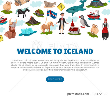Iceland Travel Banner Design with Country Symbols Vector Template Iceland Travel Banner Design with Country Symbols Vector Template 98472100