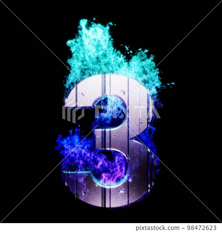 Number 3 with blue flame. burning letters. 98472623