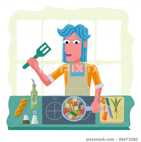 Woman Cooking Vegetable Curry Chinese Food Kitchen Woman Cooking Vegetable Curry Chinese Food Kitchen 98473080