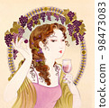 Taisho Roman Showa Retro A woman with wine in the background of purple grapes 98473083