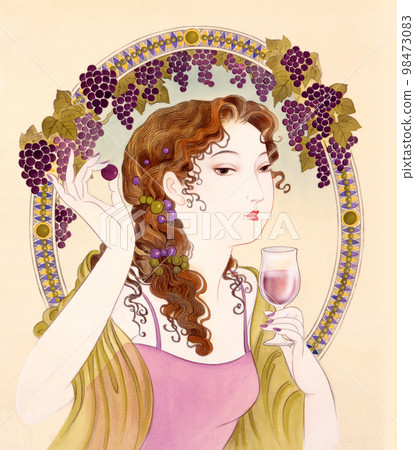 Taisho Roman Showa Retro A woman with wine in the background of purple grapes 98473083