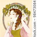 Taisho Roman Showa Retro Woman with wine on the background of green grapes 98473084