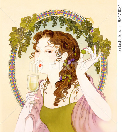 Taisho Roman Showa Retro Woman with wine on the background of green grapes Taisho Roman Showa Retro Woman with wine on the background of green grapes 98473084