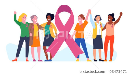 Breast cancer awareness month. Different ethnic groups of women along with pink support ribbon symbol. Bust disease. Female solidarity. Prevention campaign. Medical help. Vector concept 98473471