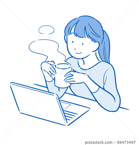 A woman looking at a computer while relaxing Simple line drawing Blue ver. 98473497