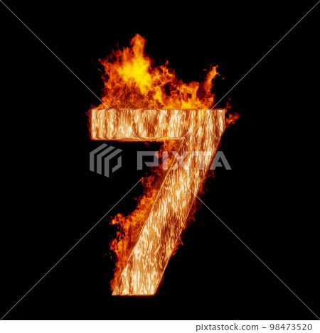 The number 7 of the wood grain wrapped in flames. burning letters. 98473520