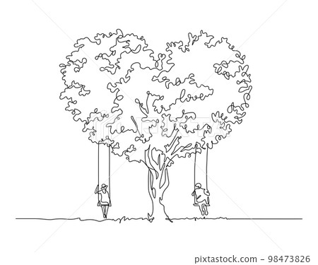 couple sitting on swing under heart shape tree romance scene one line drawing 98473826