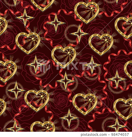 Valentines day seamless pattern with golden heart, stars, spiral ribbon, streamer, halftone shapes, outline roses on dark background. For wedding, engagement event, Valentines Day, gift decoration. 98474037