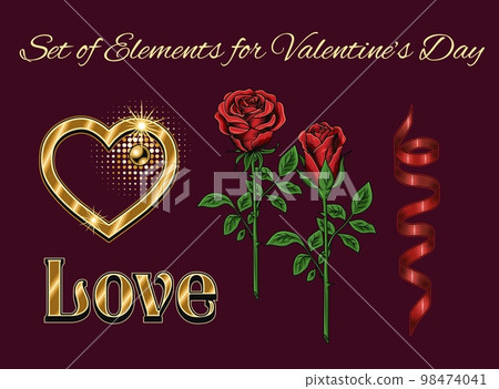 Set of design elements for Valentines day decoration with golden heart, word Love, 2 roses with stem, red spiral ribbon. Clip art. For wedding, engagement event, Valentines Day, gift decoration. Set of design elements for Valentines day decoration with golden heart, word Love, 2 roses with stem, red spiral ribbon. Clip art. For wedding, engagement event, Valentines Day, gift decoration. 98474041