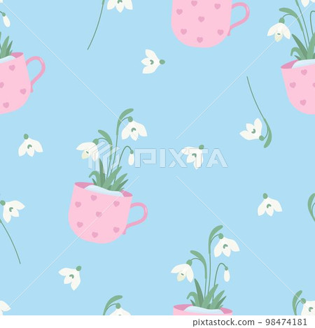 Floral spring seamless pattern. Snowdrop flowers in cup on light blue background. Vector illustration. Botanical pattern for decor, design, packaging, wallpaper, textile. Floral spring seamless pattern. Snowdrop flowers in cup on light blue background. Vector illustration. Botanical pattern for decor, design, packaging, wallpaper, textile. 98474181
