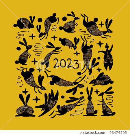 Happy chinese new year 2023 of the rabbit zodiac sign. Greeting card design. Funny Bunnies concept art. Christamas holiday background. Vector illustration 98474205