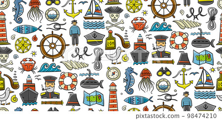 Nautical icons of navigator, ship and captain, lighthouse and sailor. Seamless pattern background for your design 98474210