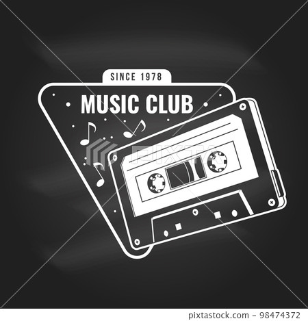 Music club logo, badge, label on chalkboard. Retro poster, banner with Audio cassette tape, vintage typography design for t shirt, emblem, logo, badge design. Vector illustration. Equipment for Music club logo, badge, label on chalkboard. Retro poster, banner with Audio cassette tape, vintage typography design for t shirt, emblem, logo, badge design. Vector illustration. Equipment for 98474372