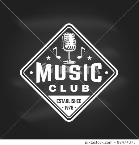 Music club logo, badge, label on chalkboard. Retro poster, banner with microphone, vintage typography design for t shirt, emblem, logo, badge design. Vector illustration. Equipment for listening and Music club logo, badge, label on chalkboard. Retro poster, banner with microphone, vintage typography design for t shirt, emblem, logo, badge design. Vector illustration. Equipment for listening and 98474373