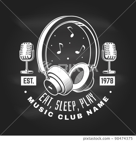 Music club poster, banner on chalkboard. Retro headphones with microphone vintage typography design for t shirt, emblem, logo, badge design. Vector illustration Music club poster, banner on chalkboard. Retro headphones with microphone vintage typography design for t shirt, emblem, logo, badge design. Vector illustration 98474375