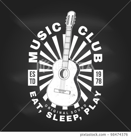 Music club logo, badge, label on chalkboard. Retro poster, banner with classical acoustic guitar with sunburst vintage typography design for t shirt, emblem, logo, badge design. Vector illustration Music club logo, badge, label on chalkboard. Retro poster, banner with classical acoustic guitar with sunburst vintage typography design for t shirt, emblem, logo, badge design. Vector illustration 98474376