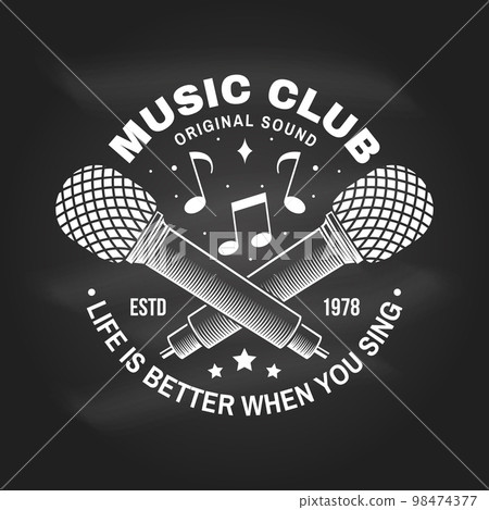 Music club logo, badge, label on chalkboard. Retro poster, banner with microphone, vintage typography design for t shirt, emblem, logo, badge design. Vector illustration. Equipment for listening and 98474377