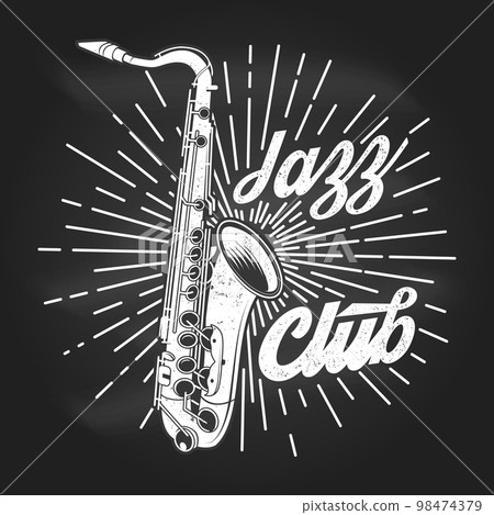 Jazz club, retro music poster, banner on chalkboard. Retro saxophone with sunburst vintage typography design for t shirt, emblem, logo, badge design. Vector illustration 98474379