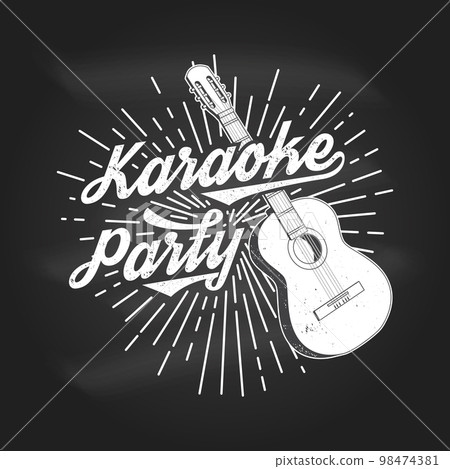 Karaoke party poster, banner on chalkboard. Retro classical acoustic guitar with sunburst vintage typography design for t shirt, emblem, logo, badge design. Vector illustration 98474381