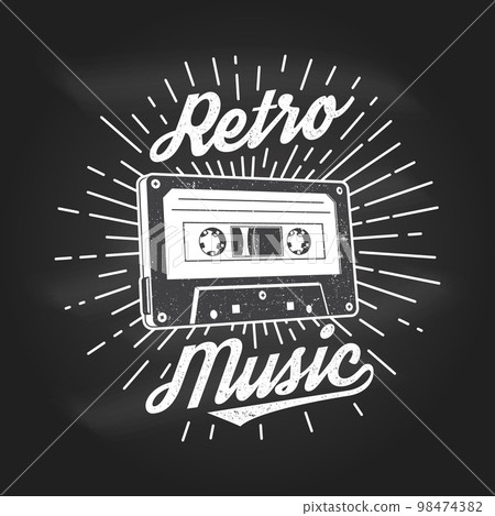 Retro music poster, banner on chalkboard. Retro Audio cassette tape with sunburst vintage typography design for t shirt, emblem, logo, badge design. Vector illustration 98474382