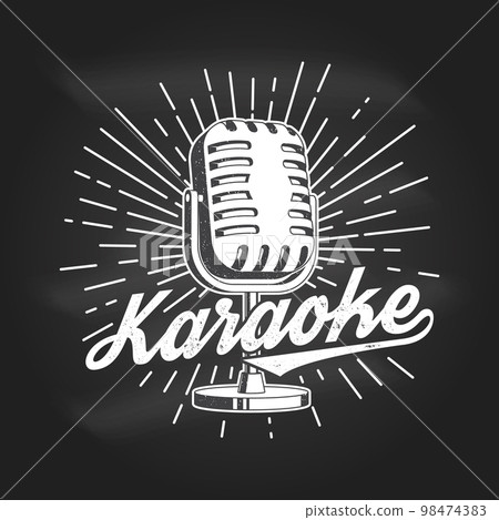Karaoke party poster, banner on chalkboard. Retro microphone with sunburst vintage typography design for t shirt, emblem, logo, badge design. Vector illustration 98474383