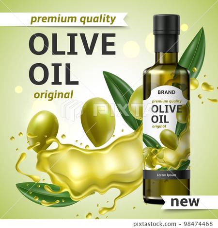 Realistic olive oil poster. Natural farm product, glass bottle with label, splash with green leaves and vegetables, 3d isolated elements, advertisement banner template utter vector concept Realistic olive oil poster. Natural farm product, glass bottle with label, splash with green leaves and vegetables, 3d isolated elements, advertisement banner template utter vector concept 98474468