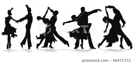 Set of dancing couples, silhouettes. Man and woman dancing tango or waltz. White and black design. Illustration, vector Set of dancing couples, silhouettes. Man and woman dancing tango or waltz. White and black design. Illustration, vector 98475372