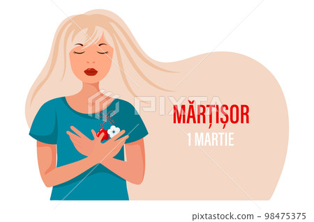 A beautiful girl with a martisor, a red and white symbol of spring. Traditional spring holiday in Romania and Moldova. Postcard, banner, vector 98475375