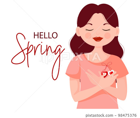 A beautiful girl with a martisor, a red and white symbol of spring. Traditional spring holiday in Romania and Moldova. Postcard, banner, vector A beautiful girl with a martisor, a red and white symbol of spring. Traditional spring holiday in Romania and Moldova. Postcard, banner, vector 98475376