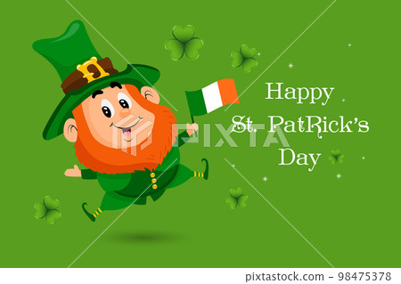 St. Patrick's Day, cute leprechaun with Ireland flag, shamrock leaves and greeting text. Illustration, postcard, banner, vector 98475378