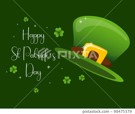 St. Patrick's Day, leprechaun hat with shamrock leaves and congratulatory text. Illustration, postcard, banner, vector St. Patrick's Day, leprechaun hat with shamrock leaves and congratulatory text. Illustration, postcard, banner, vector 98475379
