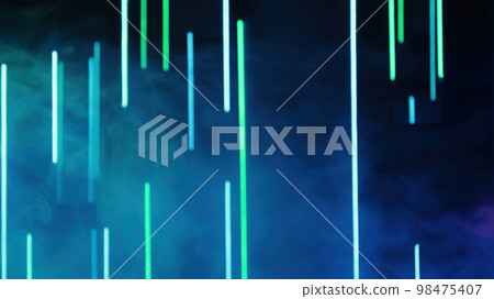 Neon background. Blur light. Color smoke. Laser illumination. Defocused green blue lines glow mist cloud on dark abstract free space. 98475407