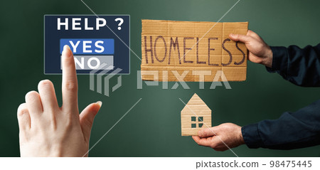 Female hand push a virtual button to the help. A man hold a cardboard house and sign with the inscription HOMELESS. Dark greeny background. Banner of concept of helping vagabonds 98475445