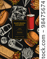 Street food pattern card design. Hand drawn sauces, nachos, soda, gyros, burger, taco, shawarma, french fries, hot dog, paper cup. 98475674