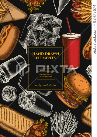Street food pattern card design. Hand drawn sauces, nachos, soda, gyros, burger, taco, shawarma, french fries, hot dog, paper cup. Street food pattern card design. Hand drawn sauces, nachos, soda, gyros, burger, taco, shawarma, french fries, hot dog, paper cup. 98475674