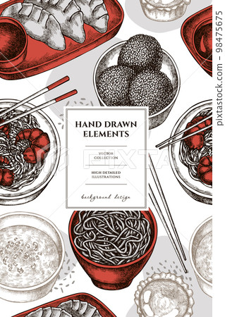 Asian food pattern card design. Hand drawn jiaozi, jian dui, egg tart, noodles with shrimp, egg soup, noodles bowl. Asian food pattern card design. Hand drawn jiaozi, jian dui, egg tart, noodles with shrimp, egg soup, noodles bowl. 98475675