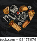 Street food heart vintage design. Hand drawn sauces, nachos, soda, gyros, burger, taco, shawarma, french fries, hot dog, paper cup. 98475676
