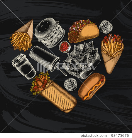 Street food heart vintage design. Hand drawn sauces, nachos, soda, gyros, burger, taco, shawarma, french fries, hot dog, paper cup. Street food heart vintage design. Hand drawn sauces, nachos, soda, gyros, burger, taco, shawarma, french fries, hot dog, paper cup. 98475676