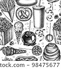 Carnival food seamless pattern background design. Engraved style. Hand drawn french fries, pretzel, popcorn, lemonade, hot dog, caramel apple, cotton candy, ice cream cones, lollipop, ribbons. 98475677
