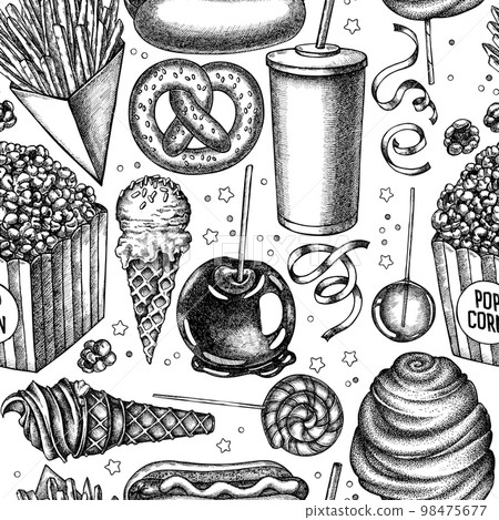 Carnival food seamless pattern background design. Engraved style. Hand drawn french fries, pretzel, popcorn, lemonade, hot dog, caramel apple, cotton candy, ice cream cones, lollipop, ribbons. 98475677