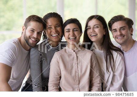 Multiethnic team of joyful happy students, interns 98475685