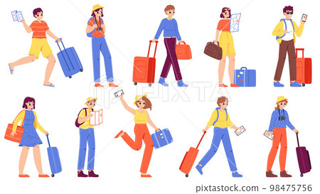 Teenagers with luggage, travel tourism cartoon characters. Cute tourists with suitcase and bags. Snugly happy girl and boy on vacation vector set Teenagers with luggage, travel tourism cartoon characters. Cute tourists with suitcase and bags. Snugly happy girl and boy on vacation vector set 98475756