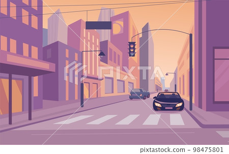 Urban street cityscape. Cars on road, empty streets and buildings. Modern city, skyscraper at evening. Town building, kicky vector cartoon panorama 98475801