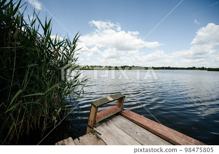 Big lake on the horizon with trees and reeds. Big lake on the horizon with trees and reeds. 98475805