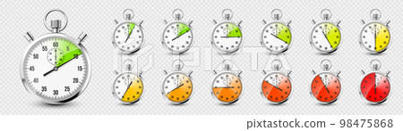 Realistic classic stopwatch icons. Shiny metal chronometer, time counter with dial. Red countdown timer showing minutes and seconds. Time measurement for sport, start and finish. Vector illustration 98475868